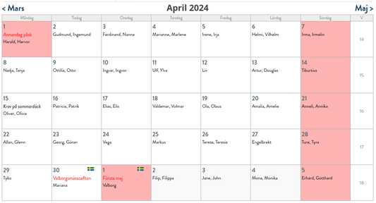 April kalender uppslag sverige sweden